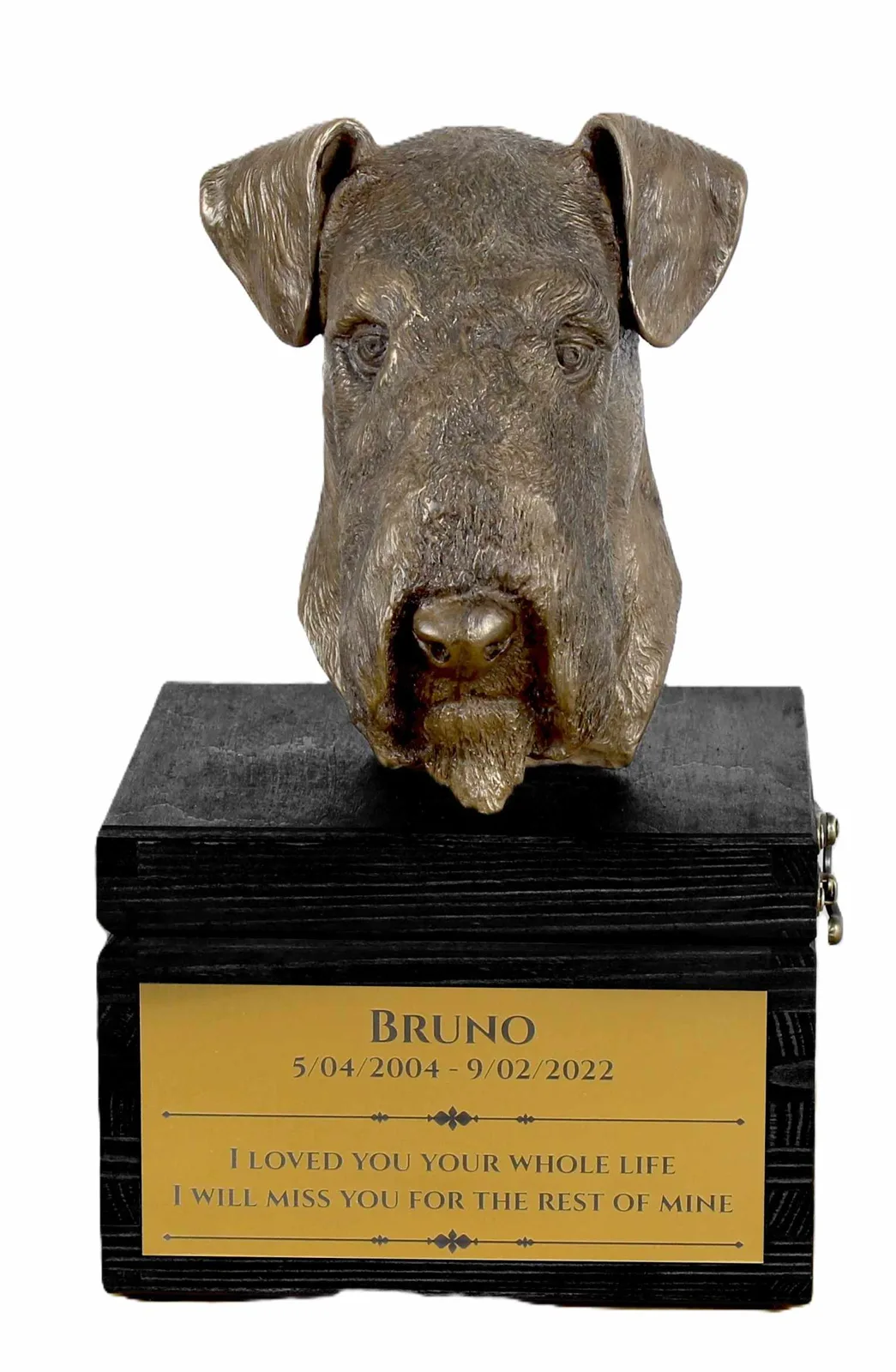 Urn met gravure en sculptuur van Airedale Terrier en Bingley Terrier