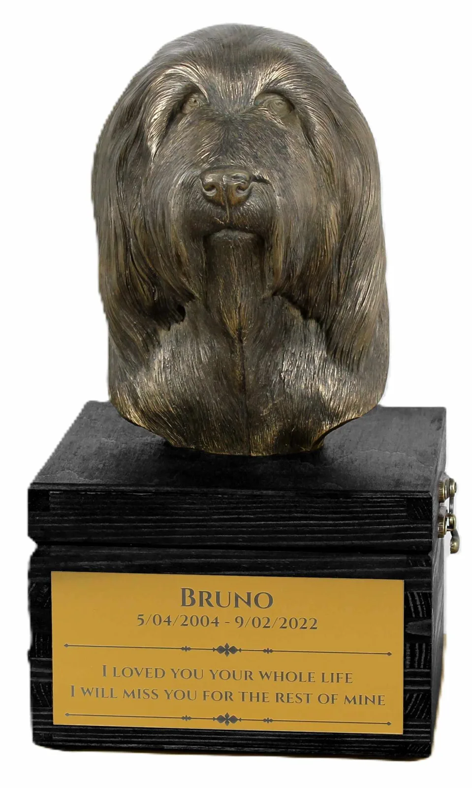 Urn met gravure en sculptuur van Bearded Collie, handgemaakt kunstwerk