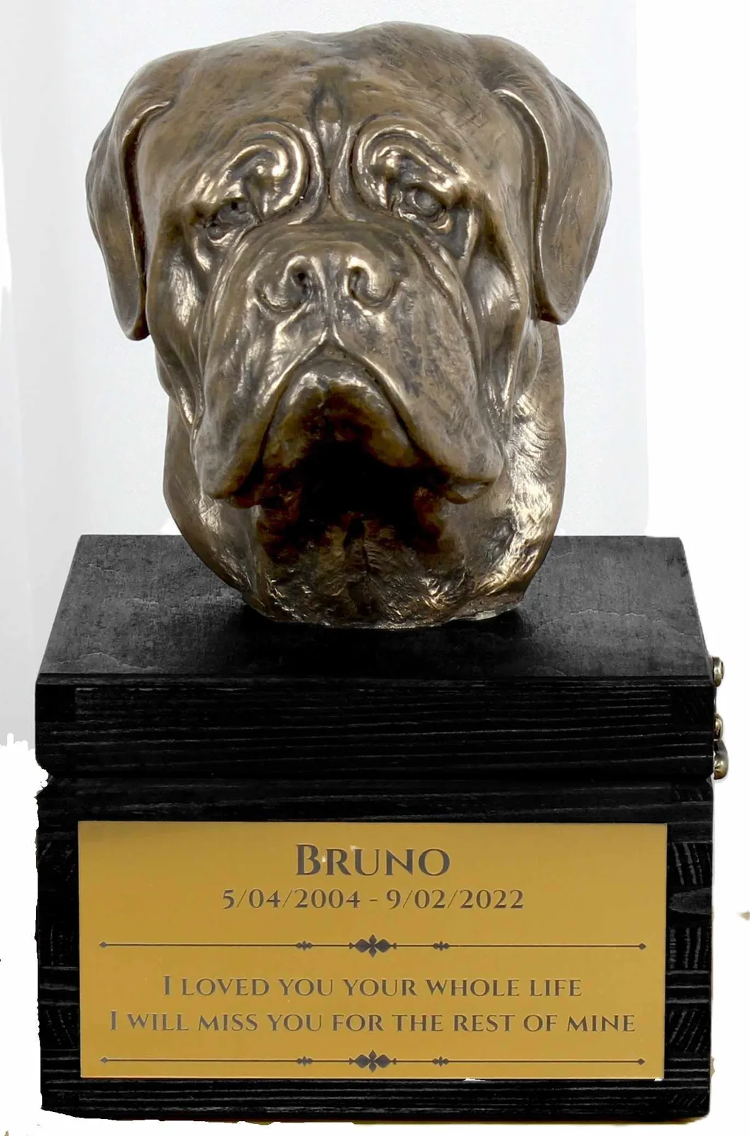 Urn met gravure en sculptuur van een Dogue de Bordeaux, handgemaakt.