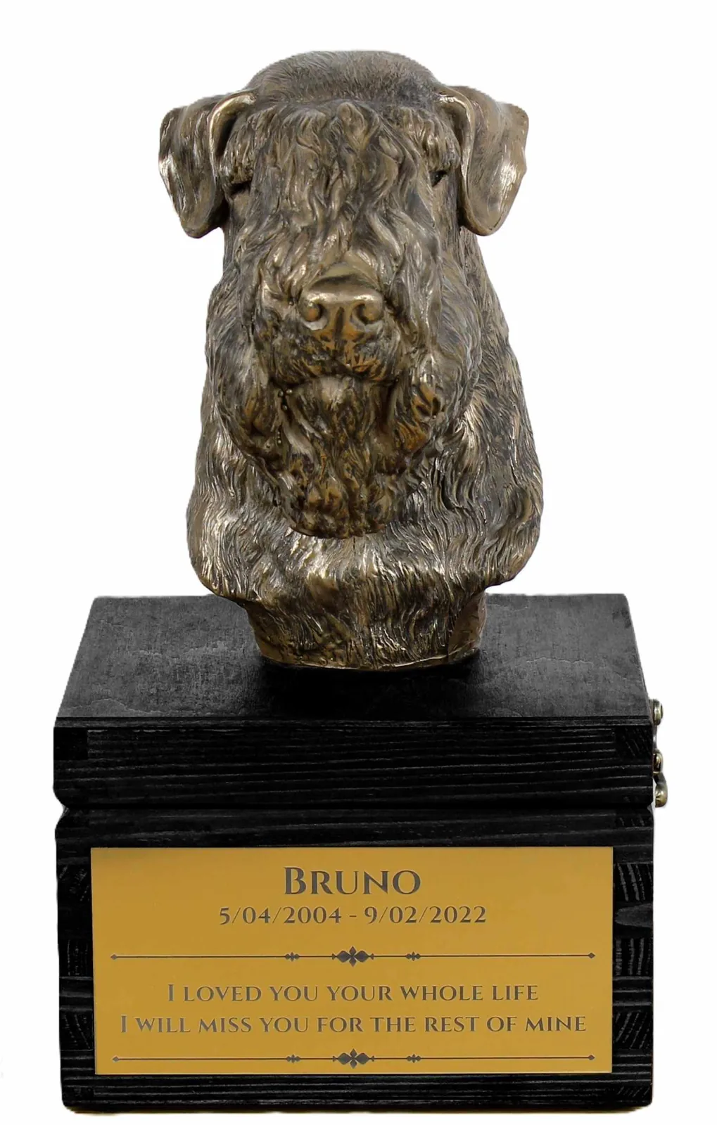 Urn met gravure en sculptuur van een Ierse Soft Coated Wheaten Terrier