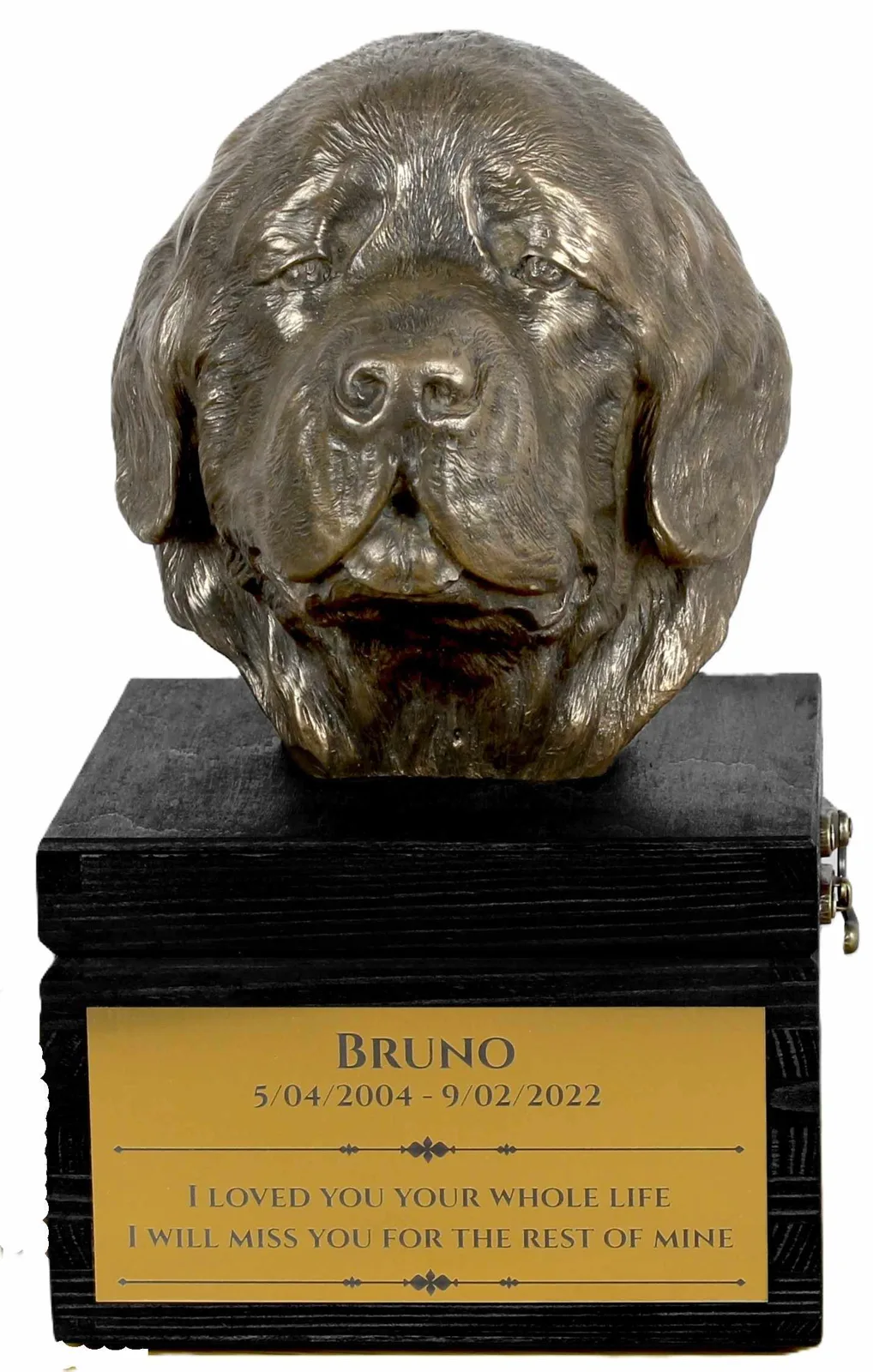 Urn met gravure en sculptuur van een Newfoundland hond, handgemaakt