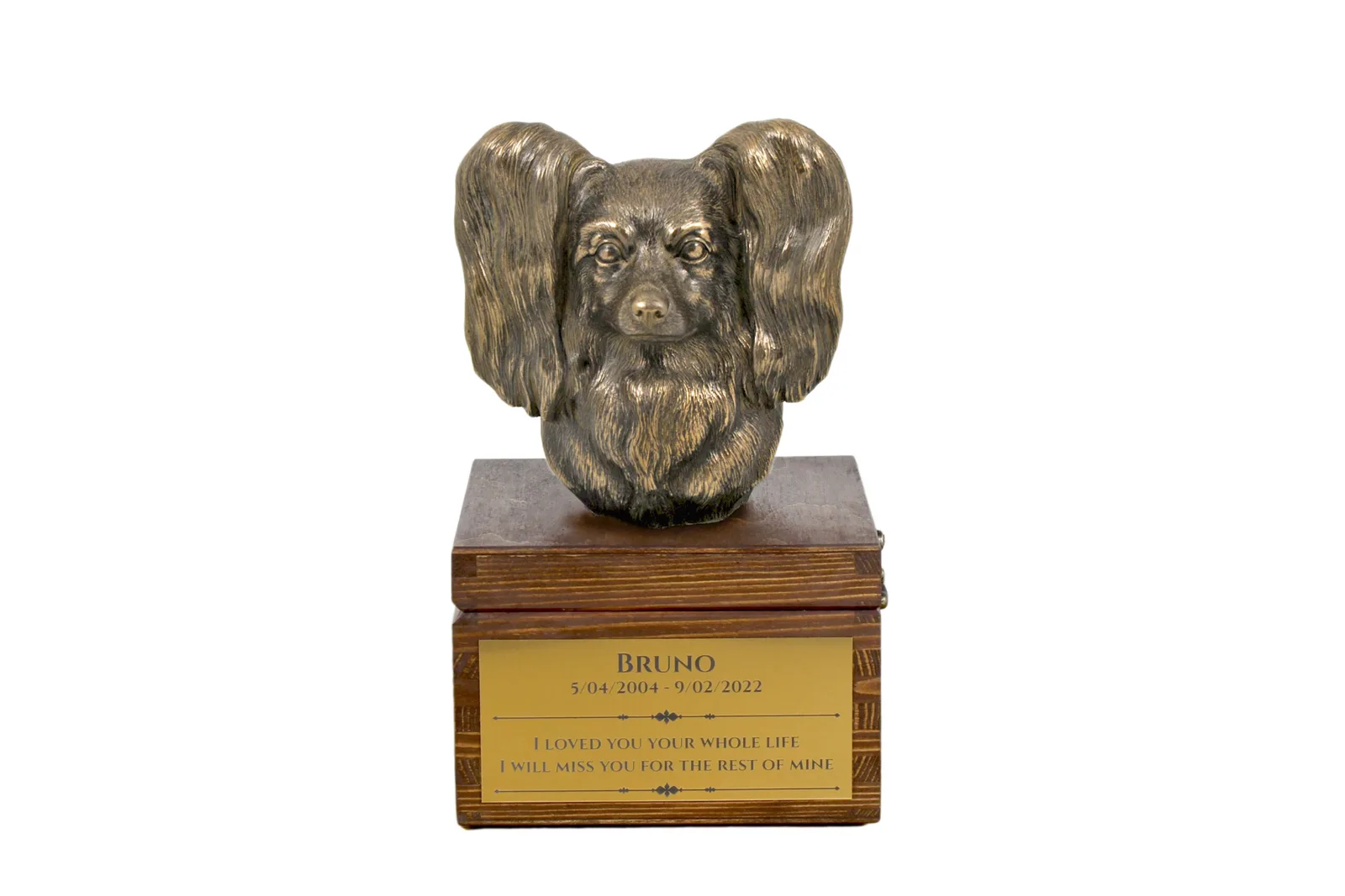 Urn met gravure en sculptuur van een Papillon hond, handgemaakt.