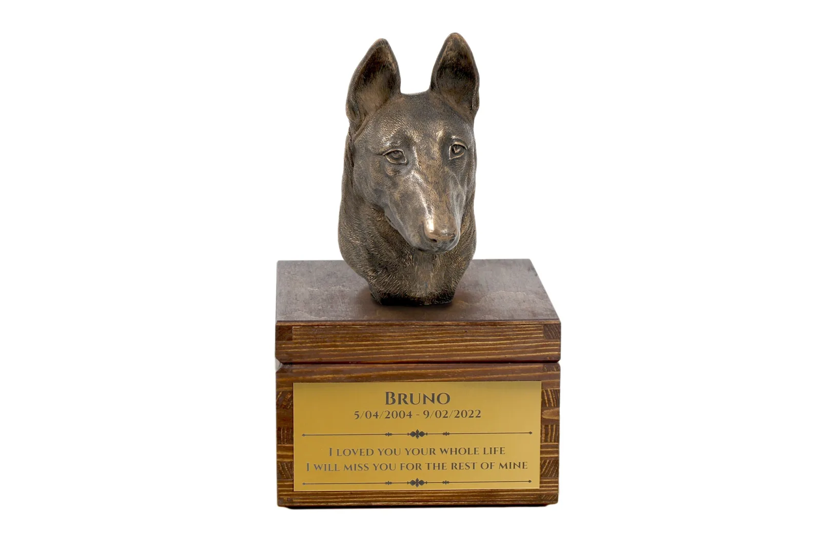 Urn met gravure en sculptuur van Malinois hond – handgemaakt kunstwerk
