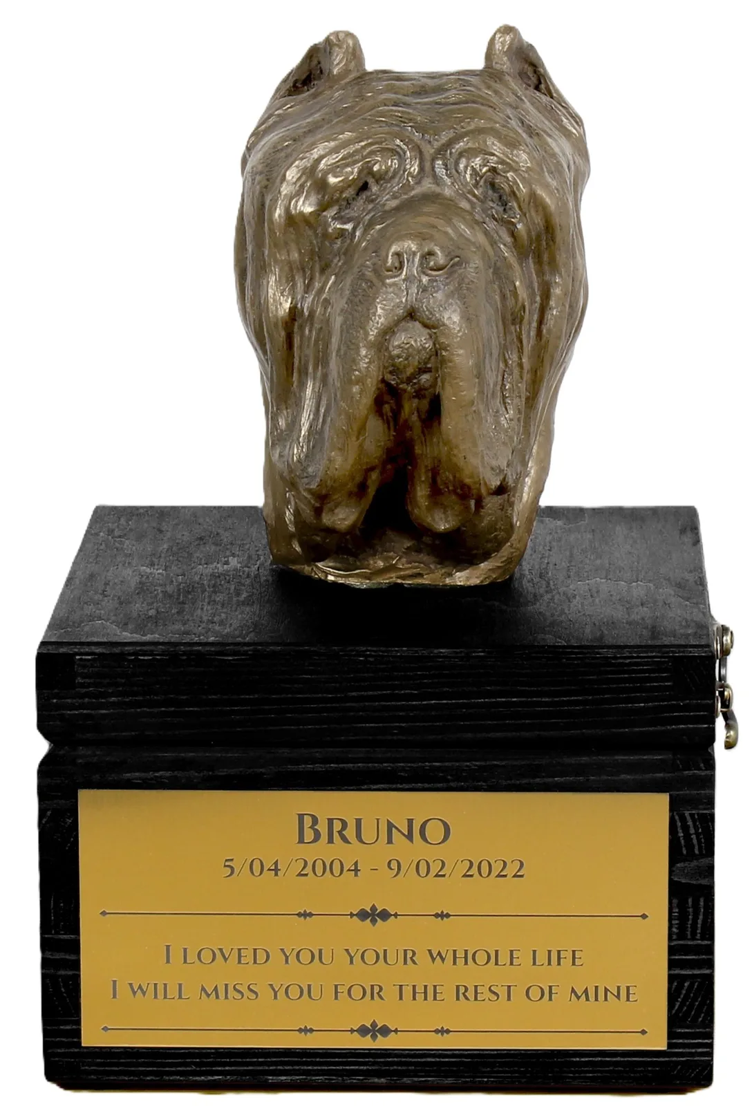 Urn met gravure en sculptuur van Neapolitaanse Mastiff, handgemaakt