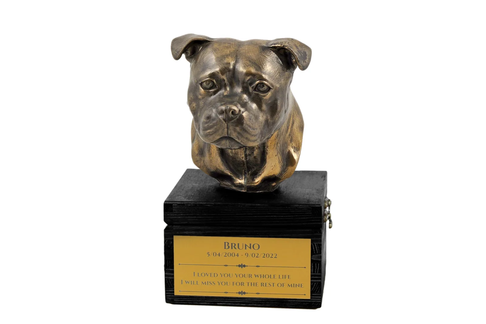 Urn met gravure en sculptuur van Staffordshire Bull Terrier, handgemaakt