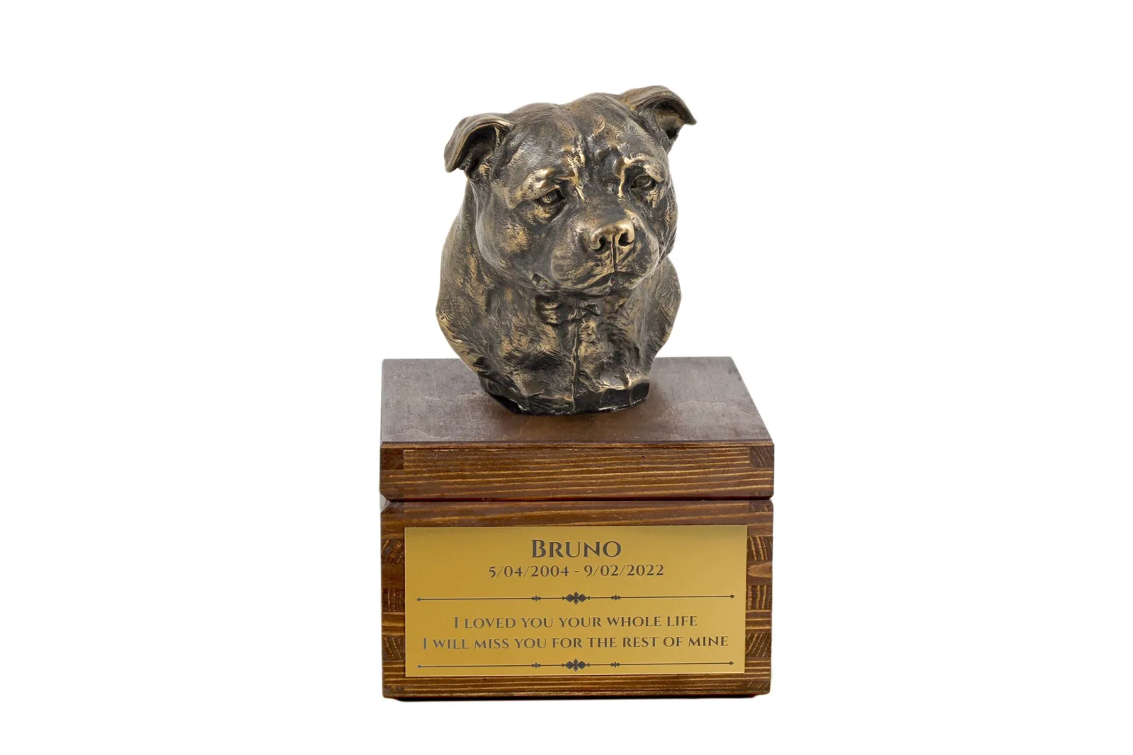 Urn met gravure en sculptuur van Staffordshire Bull Terrier