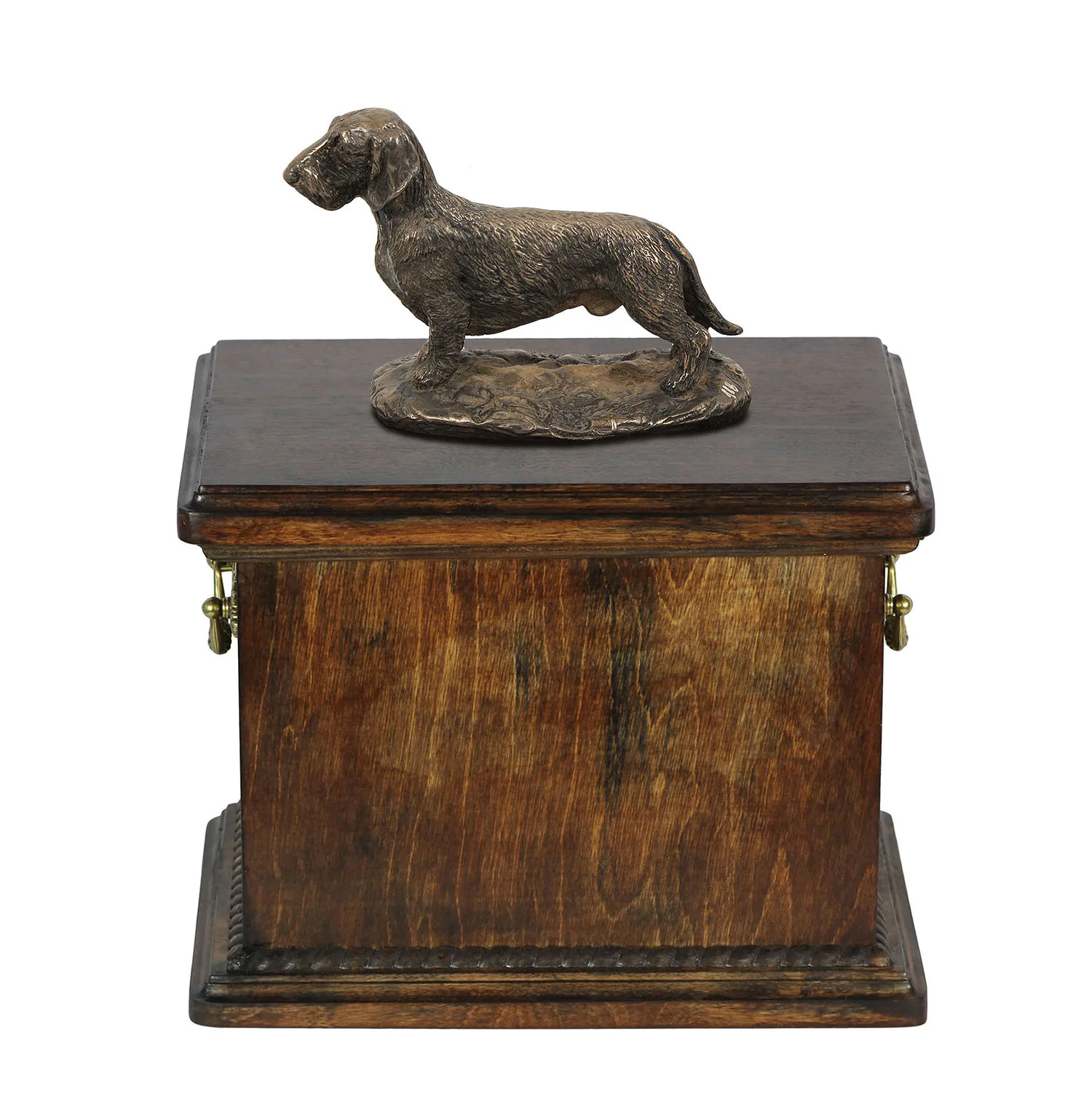 Urn voor de as van een teckel – elegante urn met beeldje in klassieke stijl