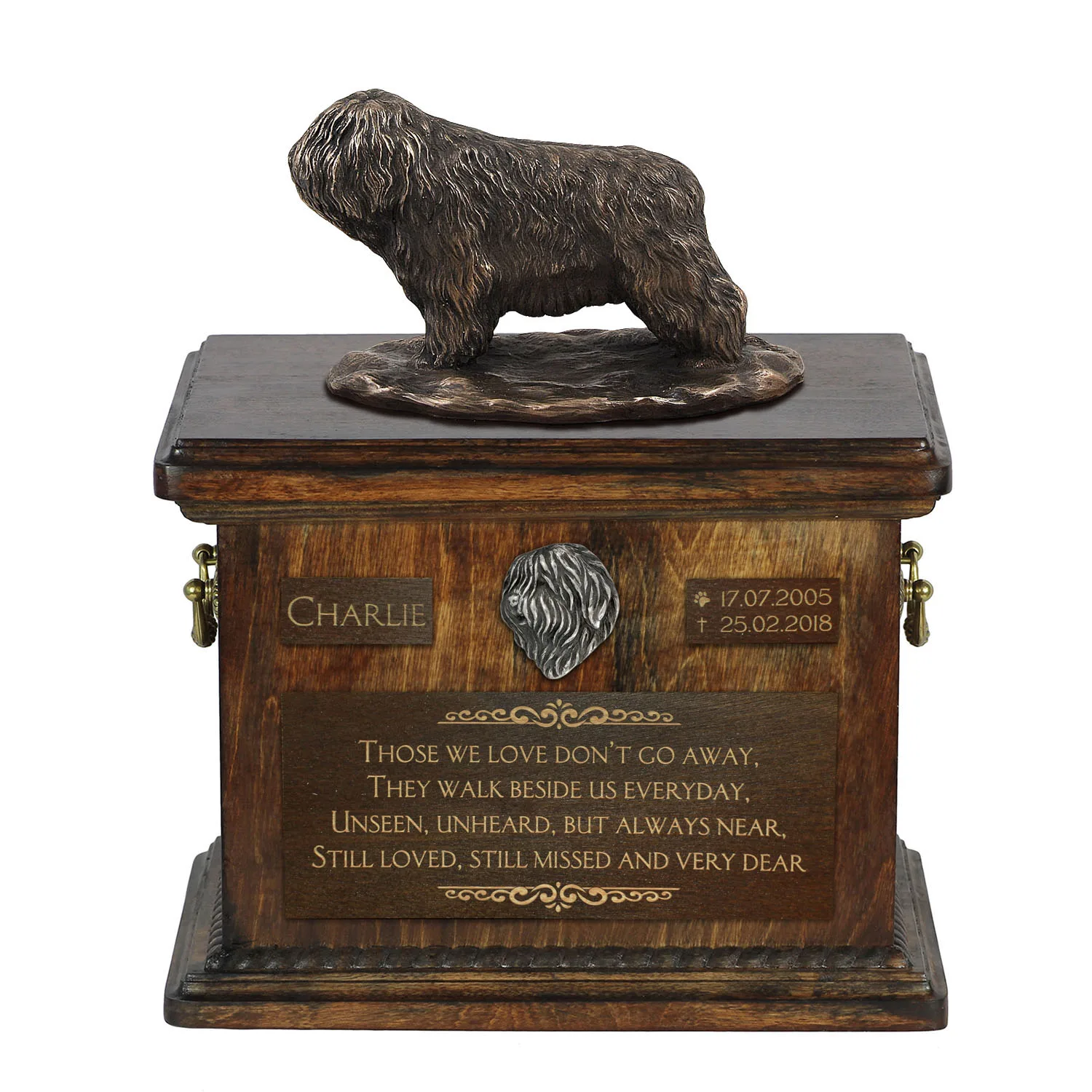 Urn voor hondenas met beeldje – Poolse Laaglandhond urn met personalisatie