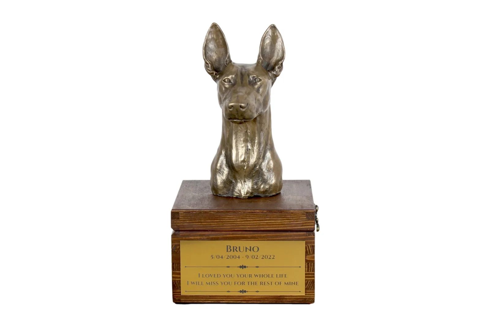 Urn voor hondenas met beeldje van Pharaoh Hound en personalisatie opties
