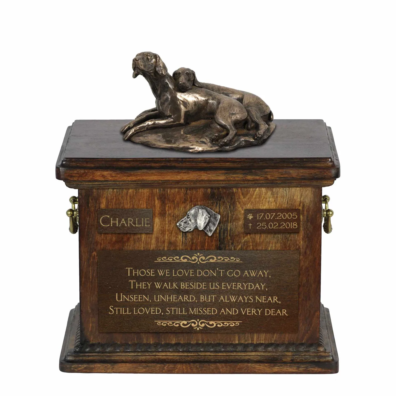 Weimaraner urn met beeldje – gepersonaliseerde urn voor hondenas