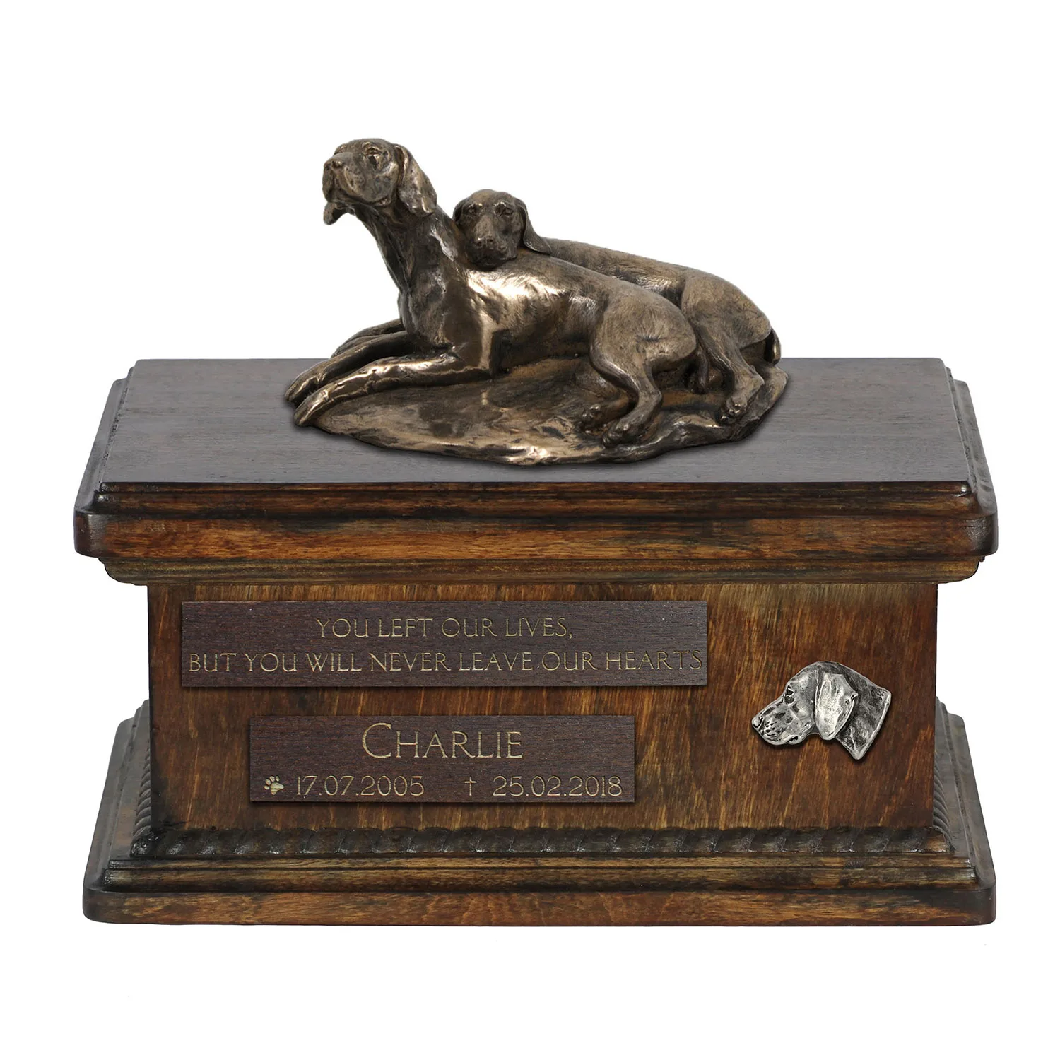 Weimaraner urn met standbeeld – gepersonaliseerde houten urn voor hondenas